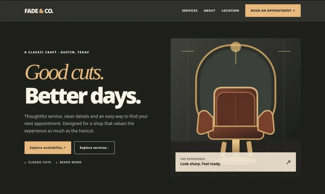 Preview of fictional barbershop / salon website